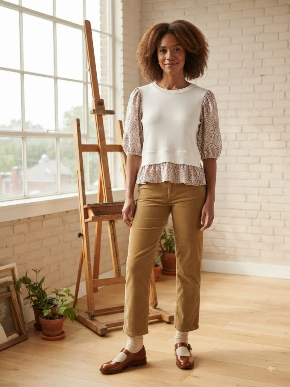 Anthropologie White Top with Floral Puff Sleeves Size MED